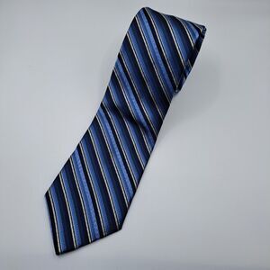 Murano Mens Extra Long Blue Silver & Black 100% Silk Striped Tie